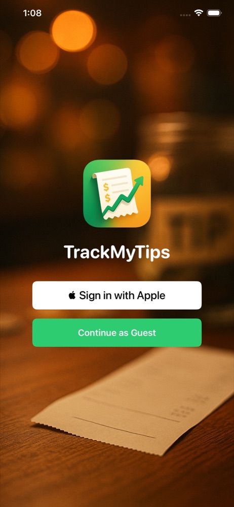 TrackMyTips login with Sign in with Apple and Continue as Guest