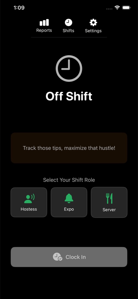 Clock-in screen with Hostess, Expo, and Server role buttons
