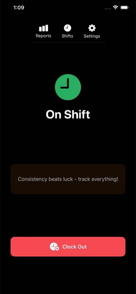 On-shift screen with a Clock Out button